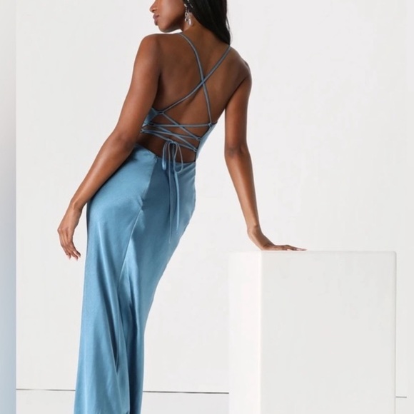 Lulu’s Inspire Romance Slate Blue Satin Cowl Neck Lace-Up Maxi Dress Size Large - Picture 2 of 7
